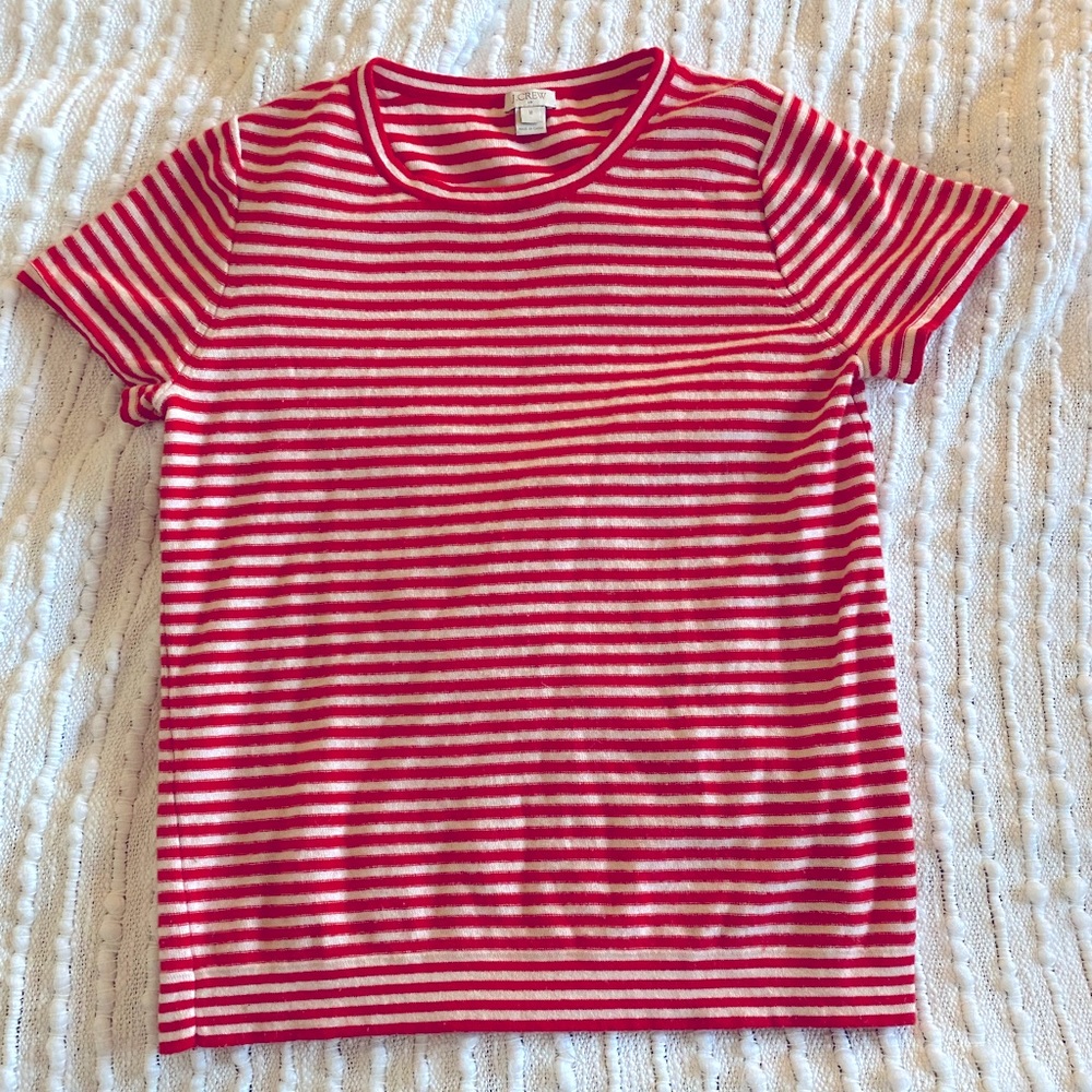 J Crew Medium Sweater Short Sleeve Red White Stripe Crew Neck